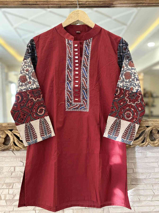 pure-cotton-mirror-work-ajrakh-print-short-kurta-maroon-1