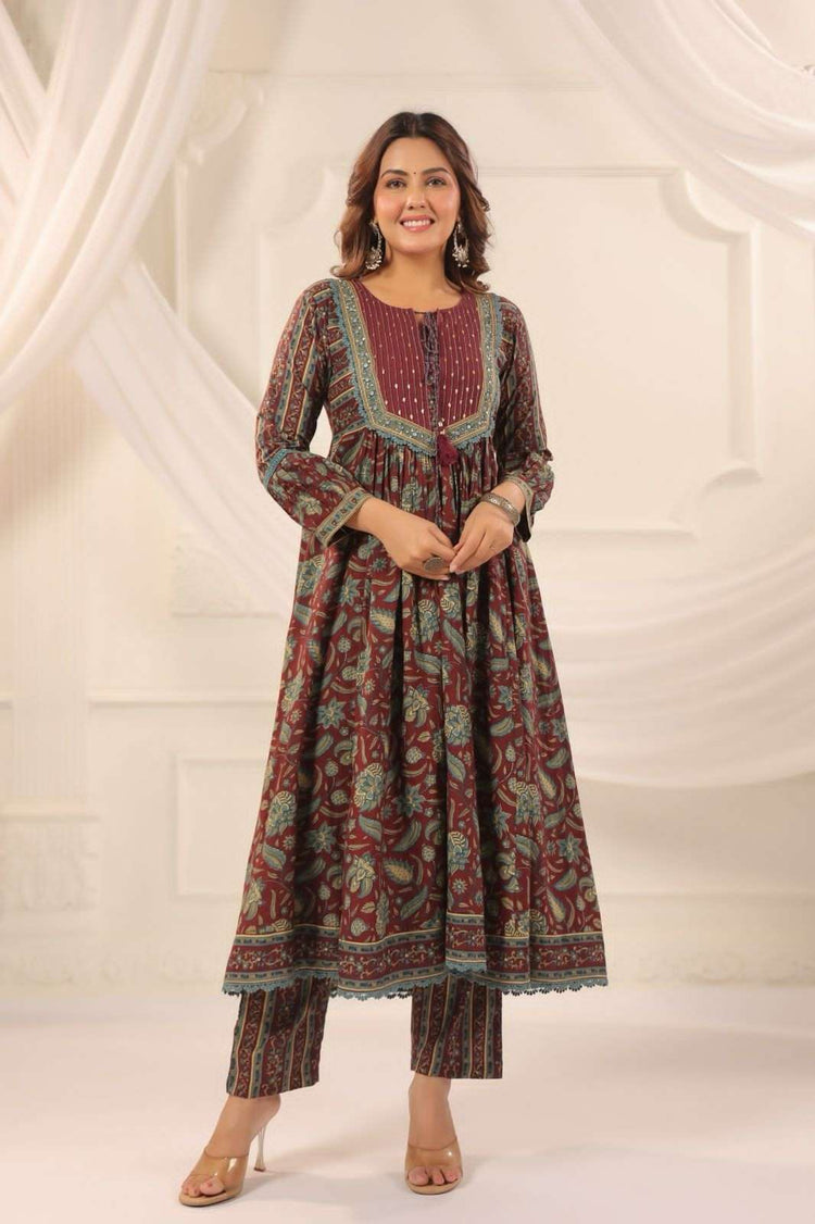 pure-cotton-panelled-embroidered-a-line-suit-set-with-front-back-gathered-brown-2