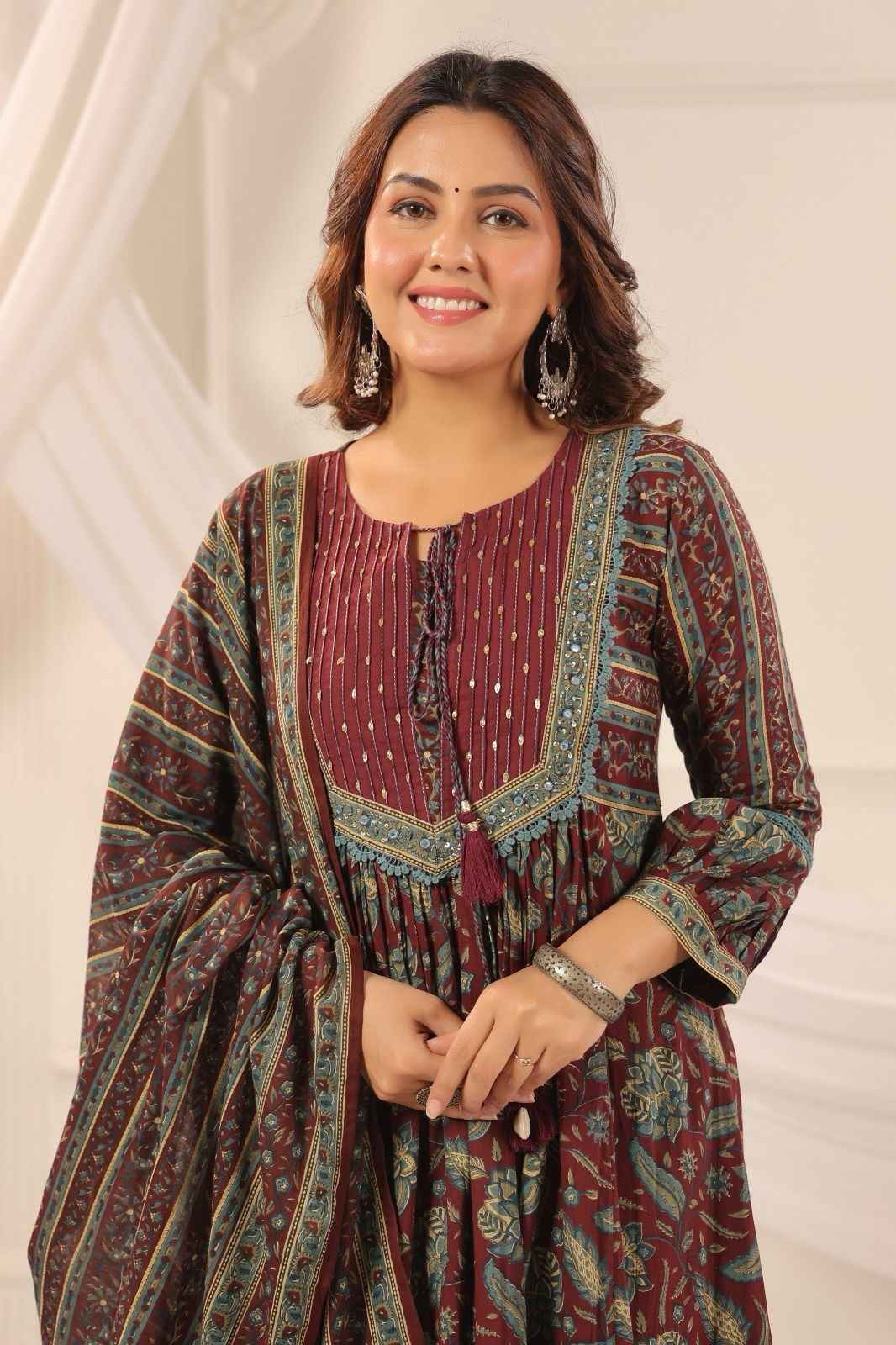 pure-cotton-panelled-embroidered-a-line-suit-set-with-front-back-gathered-brown-3
