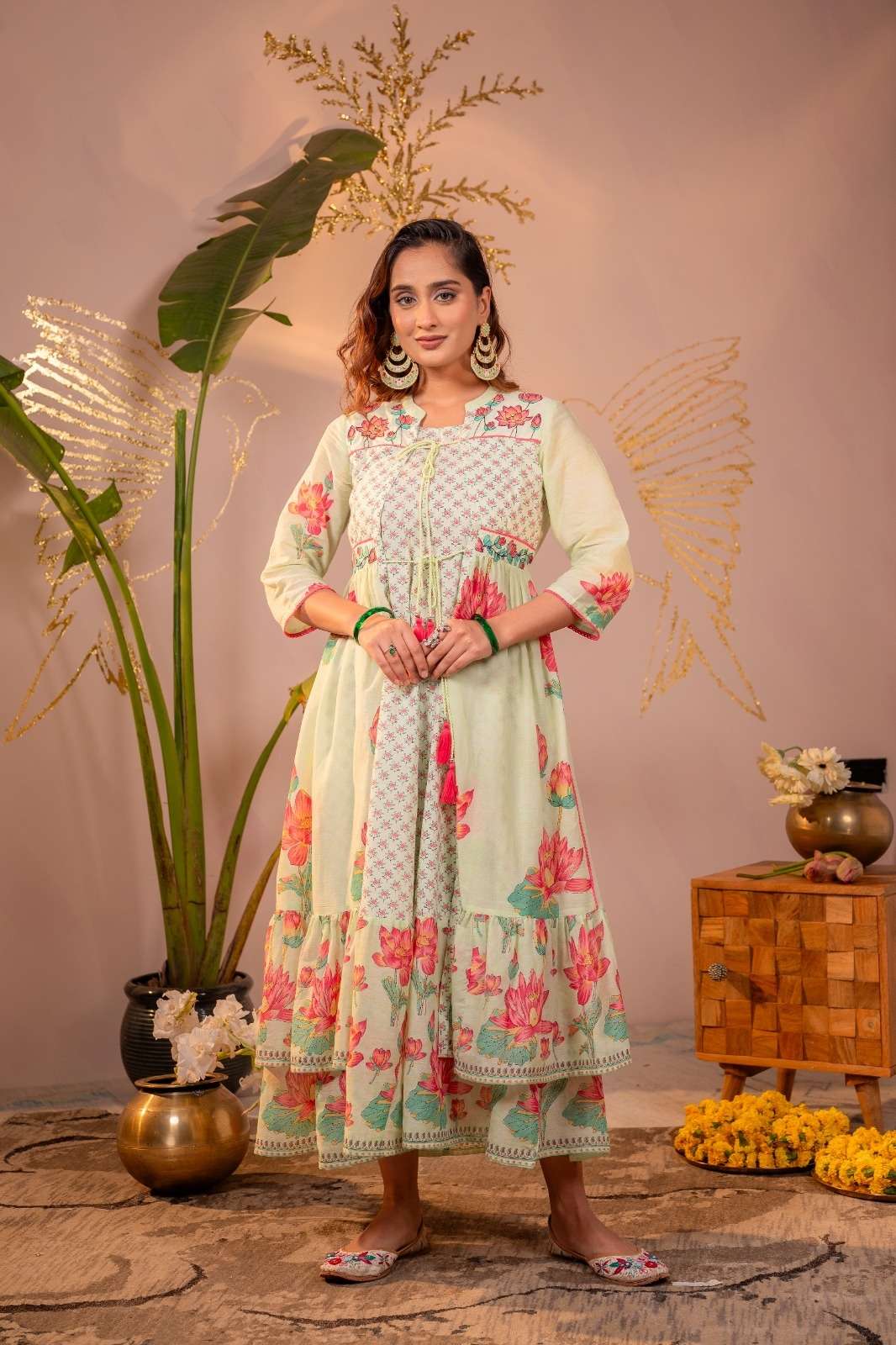 pure-cotton-pichwai-print-shrug-style-dress-with-tassels-green-1