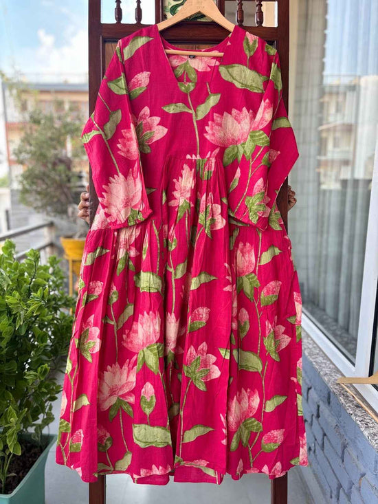 pure-cotton-printed-dress-with-gathers-both-side-pockets-pink-1