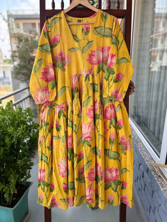 pure-cotton-printed-dress-with-gathers-both-side-pockets-yellow-1
