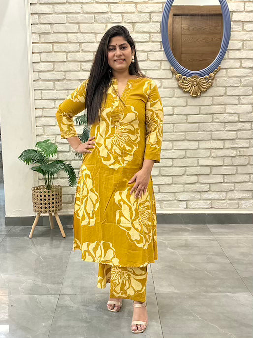 Pure Cotton Printed Pant Set in Mustard
