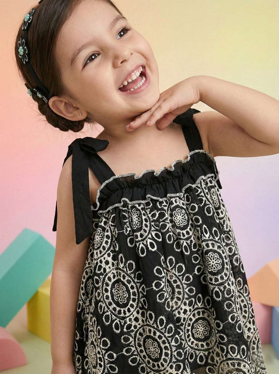 Pure Cotton Schiffili A-line Dress With Lining in Black