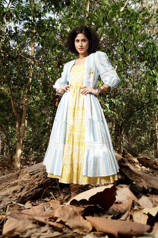 Pure Cotton Shrug Dress With Cotton Tiered Inner With Katha Work Paired With Mul Cotton Shrug