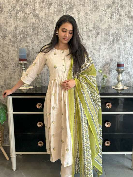 Pure Cotton Slub Embroidered Suit Set With Pure Kota Check Dupatta in Beige and Green