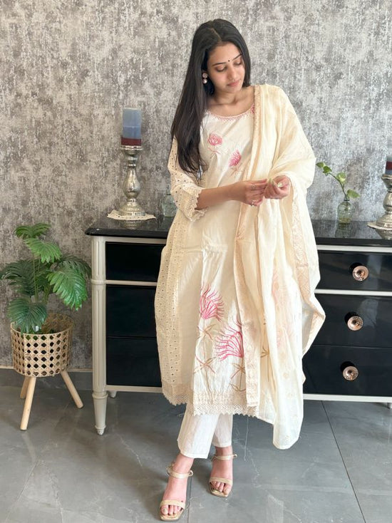 Pure Kora Cotton Hand Painted And Hand Embroidered Schiffli Suit Set