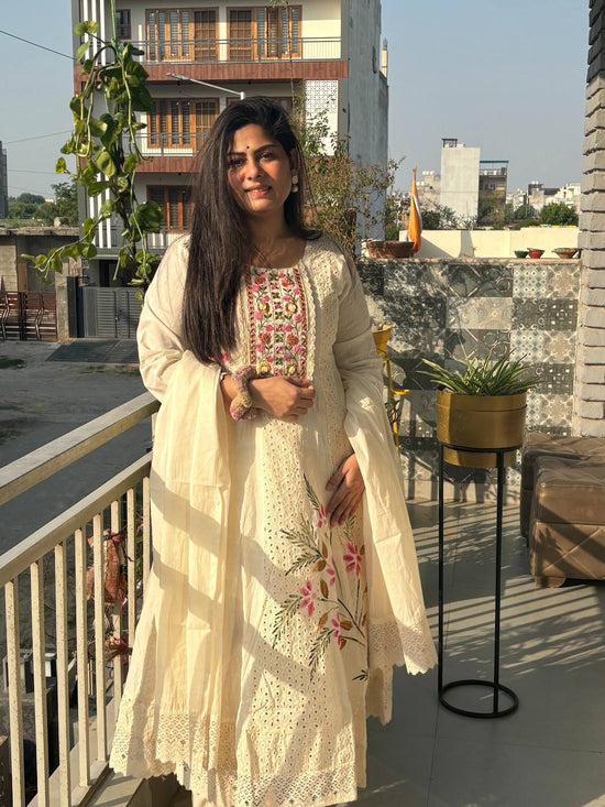 Pure Kora Cotton Schiffli Hand Embroidered Brush Paint Anarkali