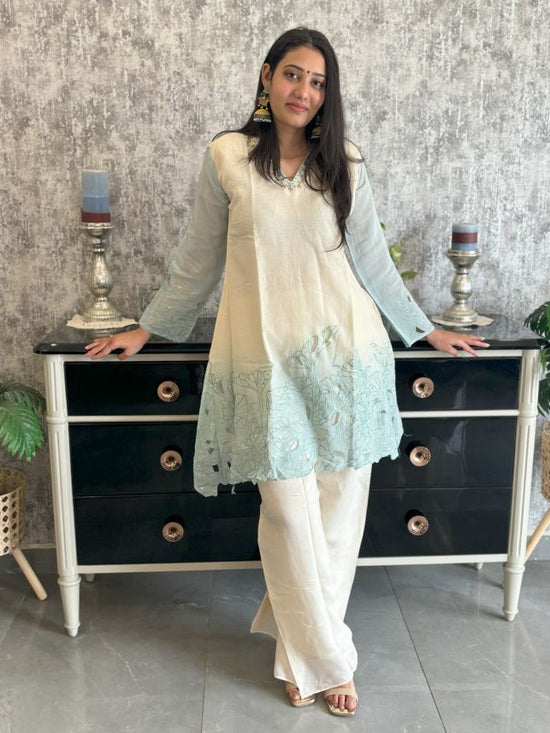 Pure Mul Chanderi Cut Work Hand Embroidered Co-ord Set in Off-White and Aqua