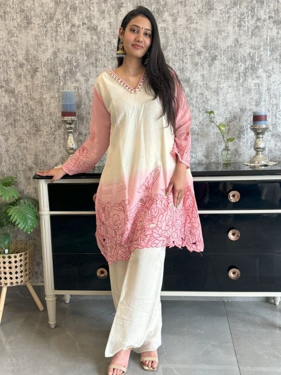 Pure Mul Chanderi Cut Work Hand Embroidered Co-ord Set in Off-White and Pink