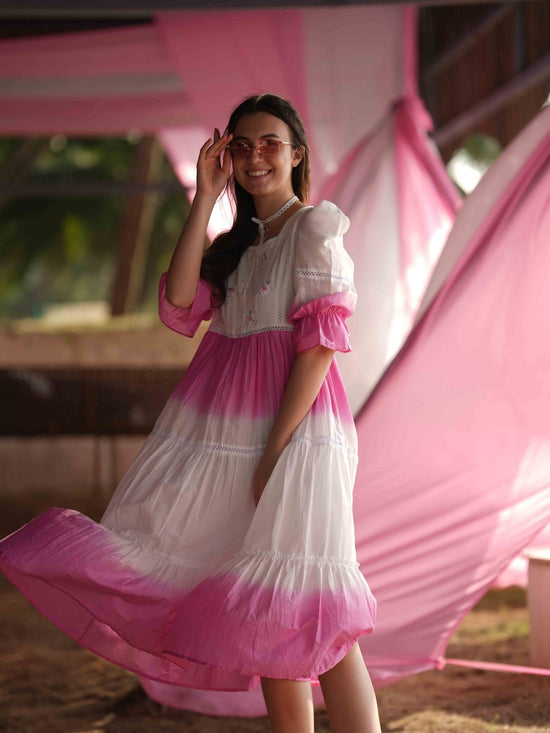 Pure Mul Cotton Embroidered Ombré Shade Dress in White And Pink