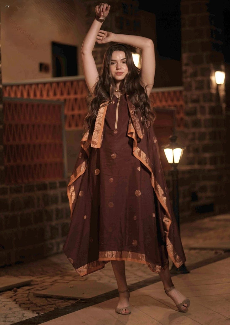 pure-mul-cotton-jamdani-cowl-dress-with-cape-style-shrug-brown-1