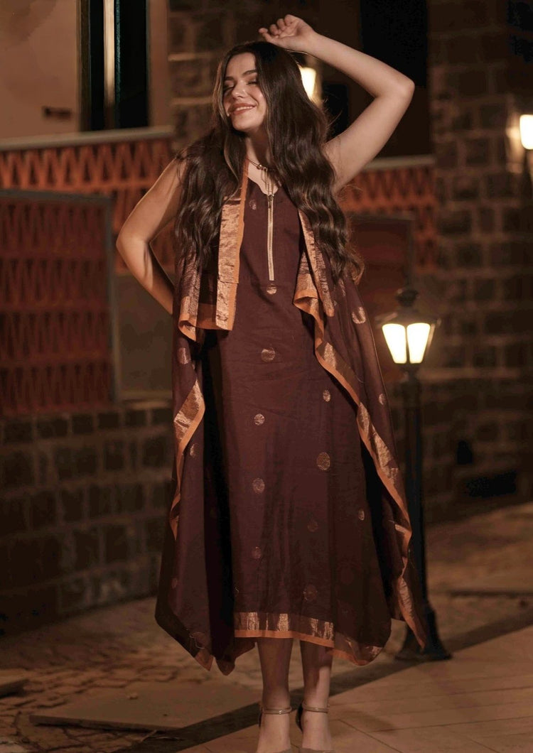 pure-mul-cotton-jamdani-cowl-dress-with-cape-style-shrug-brown-2