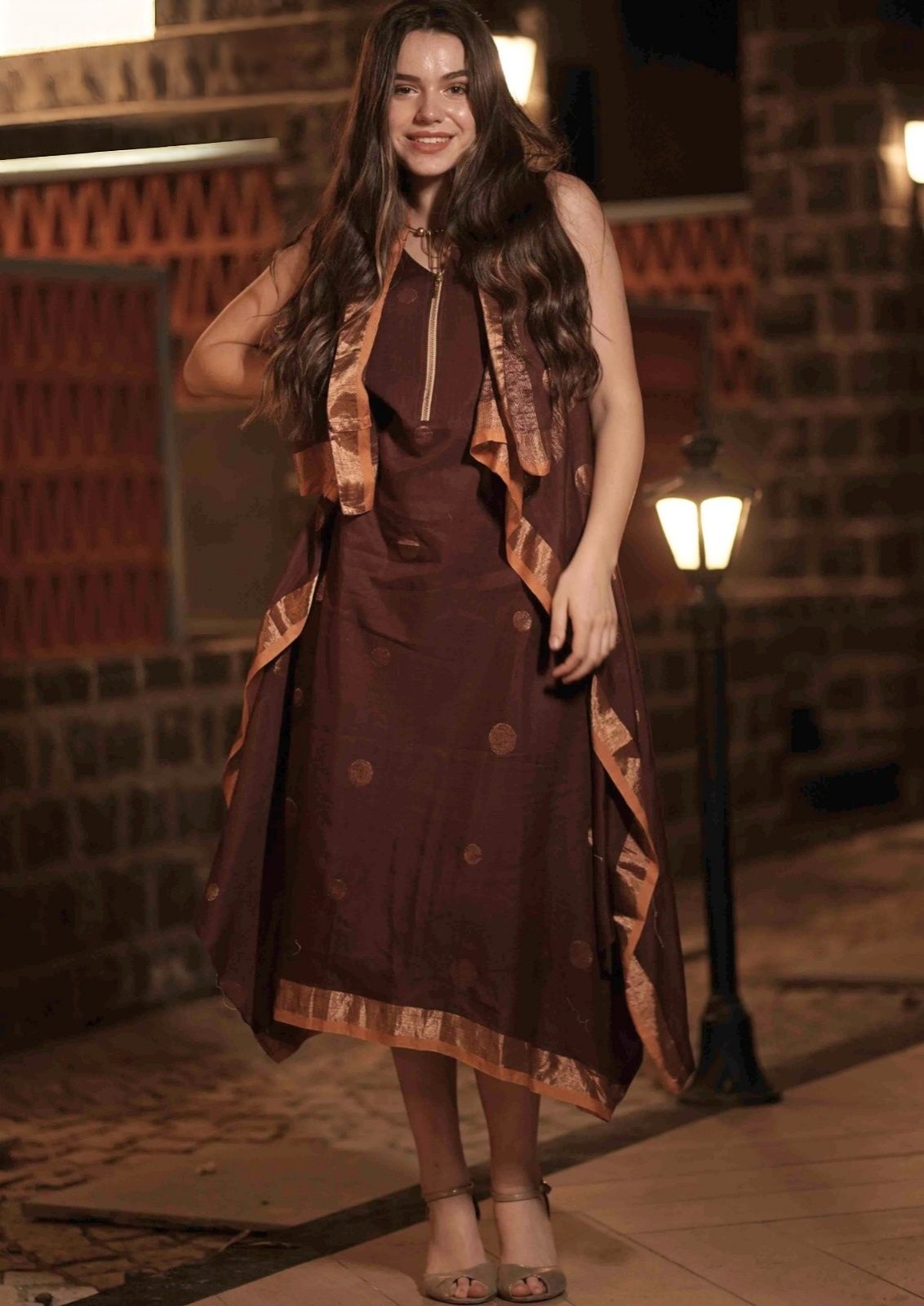 pure-mul-cotton-jamdani-cowl-dress-with-cape-style-shrug-brown-3