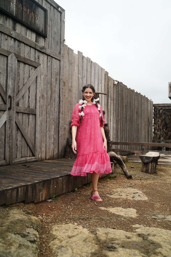 Pure Mul Cotton Jamdani Tired Dress With Hand Embroidered Flowers in Dark Pink