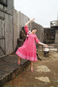 Pure Mul Cotton Jamdani Tired Dress With Hand Embroidered Flowers in Dark Pink