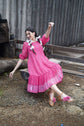 Pure Mul Cotton Jamdani Tired Dress With Hand Embroidered Flowers in Dark Pink