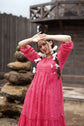 Pure Mul Cotton Jamdani Tired Dress With Hand Embroidered Flowers in Dark Pink