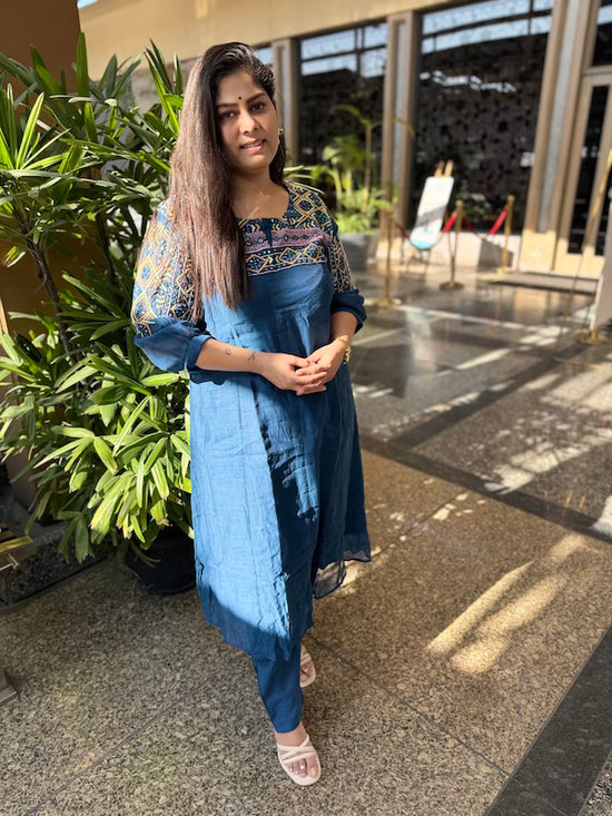 Pure Mulchanderi Hand Embroidered Pant Set With More than 100 Mirrors in Blue