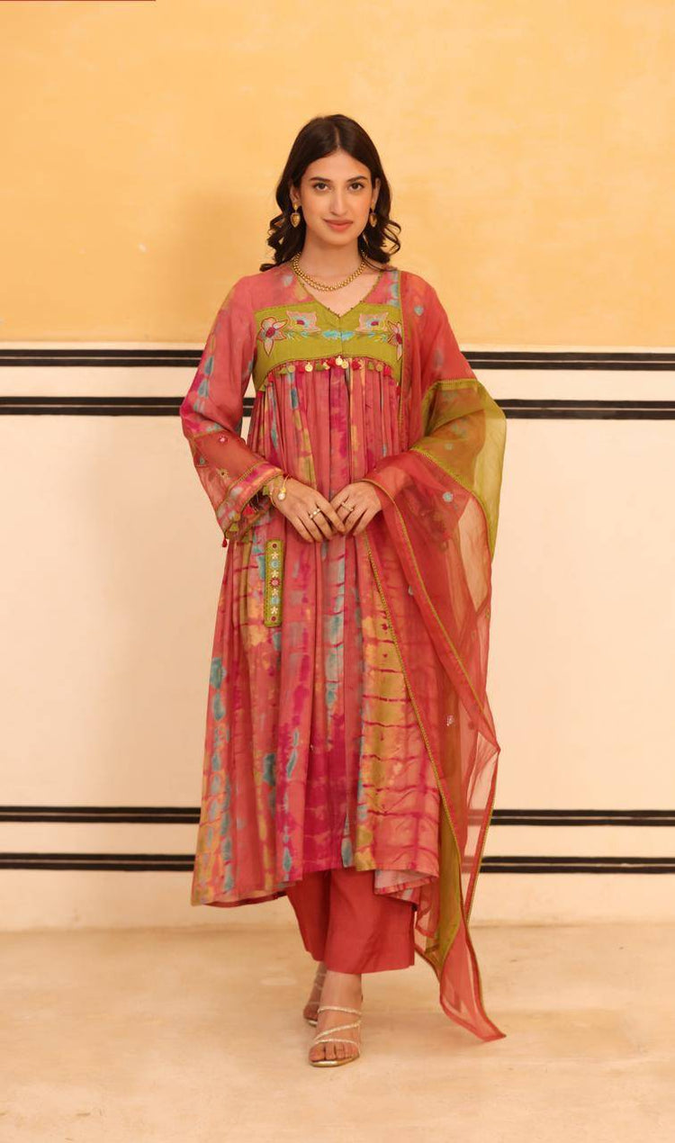 pure-muslin-a-line-shibori-print-suit-set-with-embroidery-at-front-and-back-paired-with-organza-dupatta-peach-1