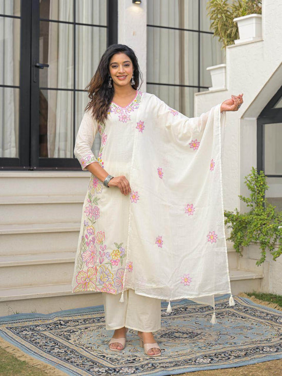 Pure Silly Cotton A-line Embroidered Suit Set With Mul Mul Lining Pockets Paired With Mul Cotton Embroidered Dupatta in Ivory