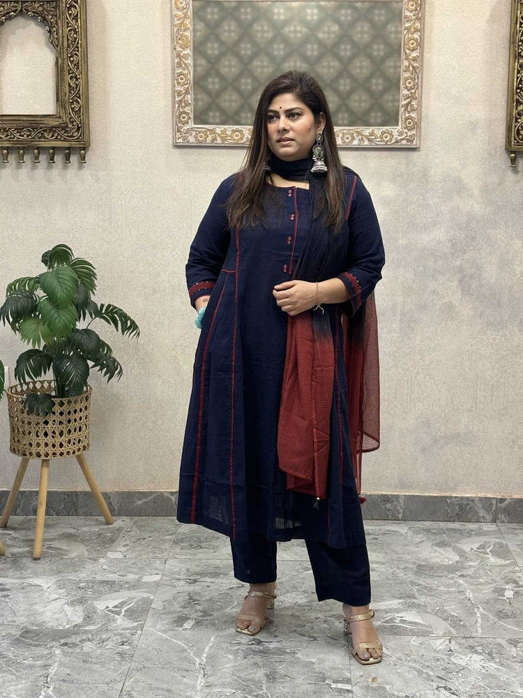 pure-slub-cotton-panelled-a-line-suit-set-paired-with-ombre-shade-kota-doria-dupatta-navy-blue-1