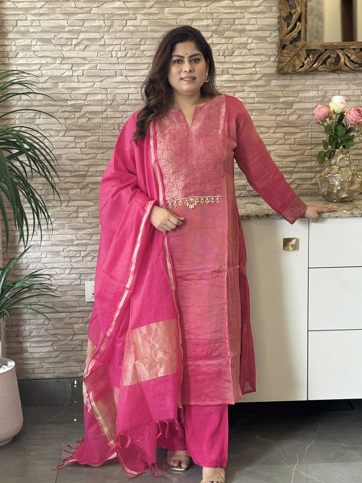 pure-tissue-a-line-suit-set-with-brocade-patch-work-metal-hangings-paired-with-mul-chanderi-dupatta-rani-1