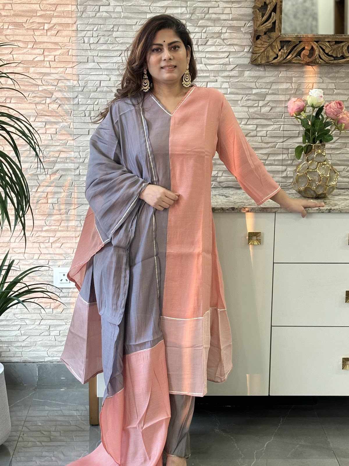 surat-mul-chanderi-a-line-block-gota-work-suit-set-with-mul-cotton-lining-peach-and-grey-2